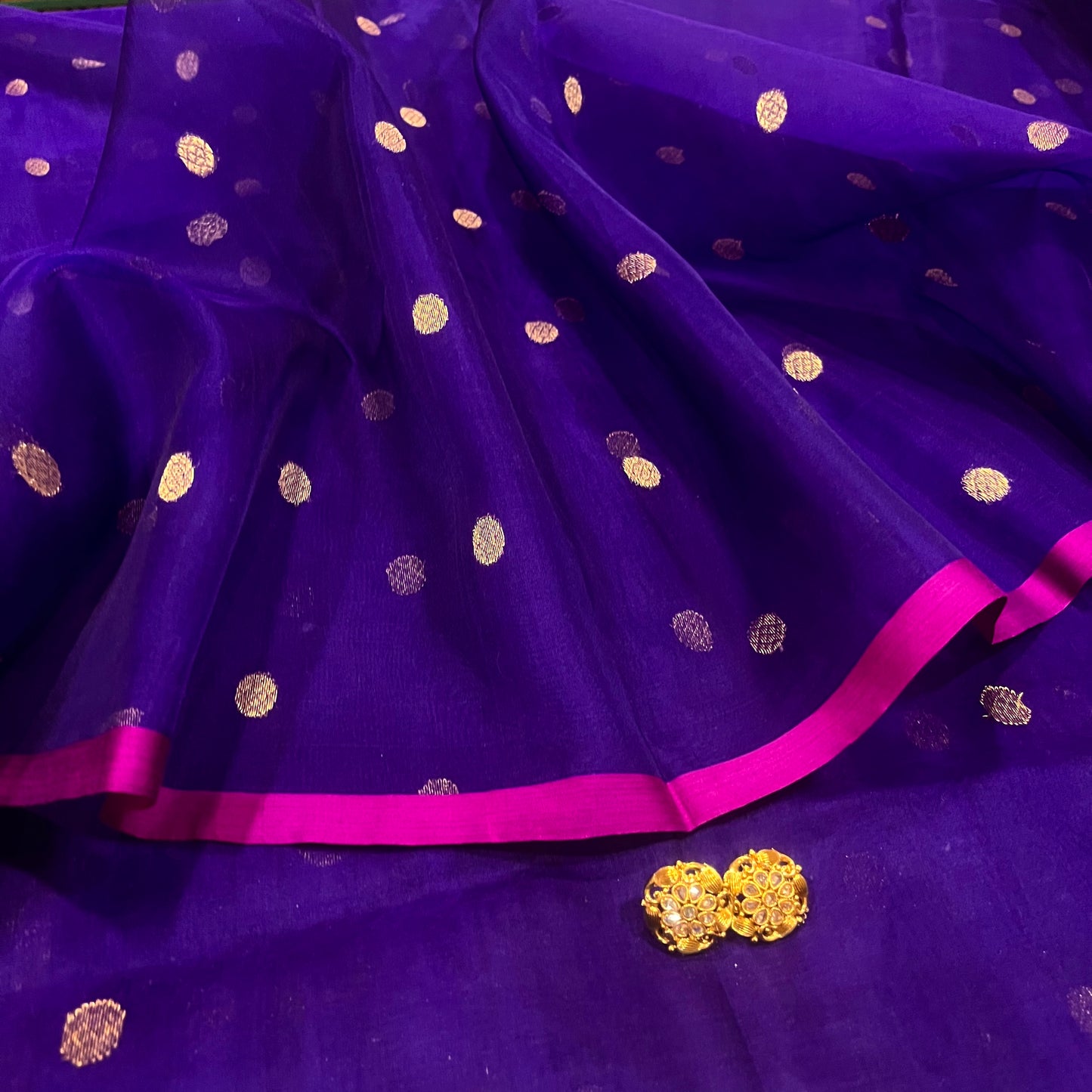 Dark Purple & Pink Chanderi silk saree with zari bootis all over