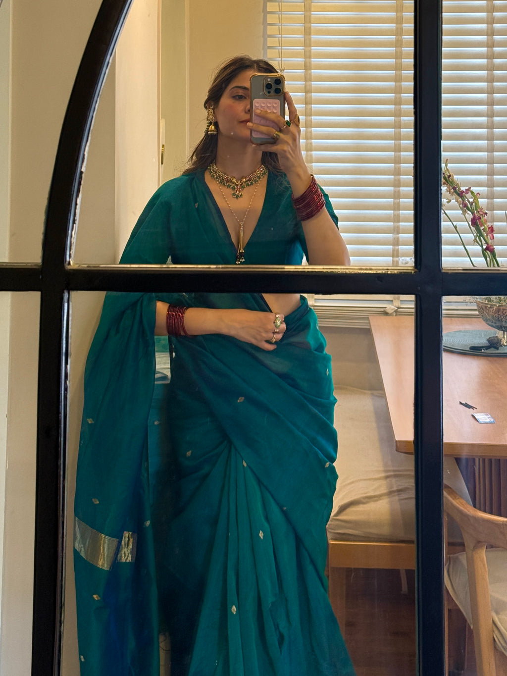 Ready to wear | Peacock Green & Blue Dual Tone Maheshwari Saree with Zari Bootis all over