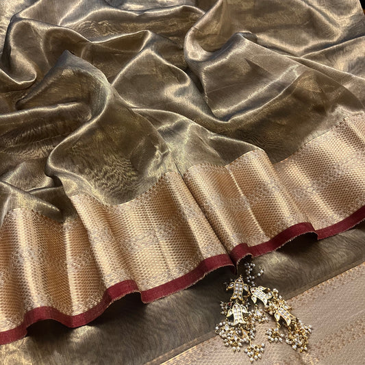 Antique gold and red Maheshwari tissue silk saree with zari pattern on pallu