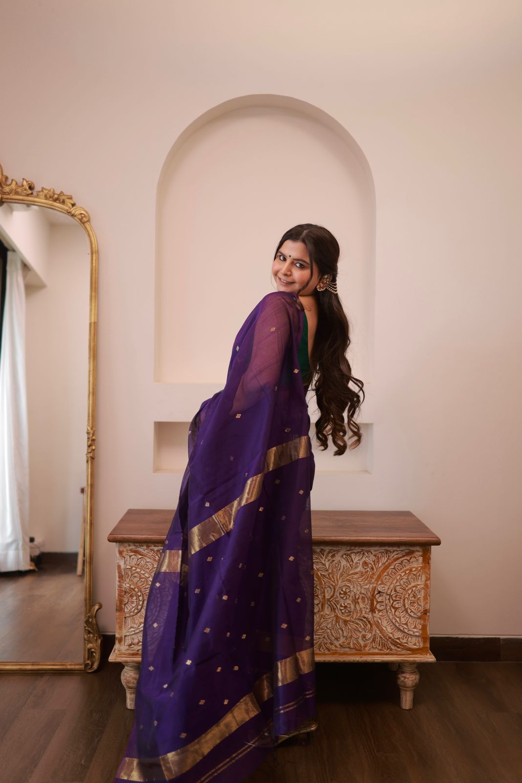 Dark Purple Maheshwari Saree with Zari bootis all over