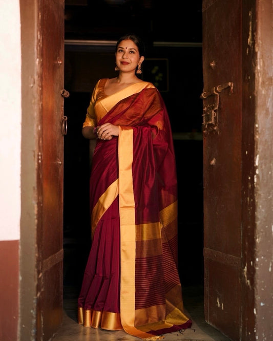 Maroon and yellow maheshwari with resham border