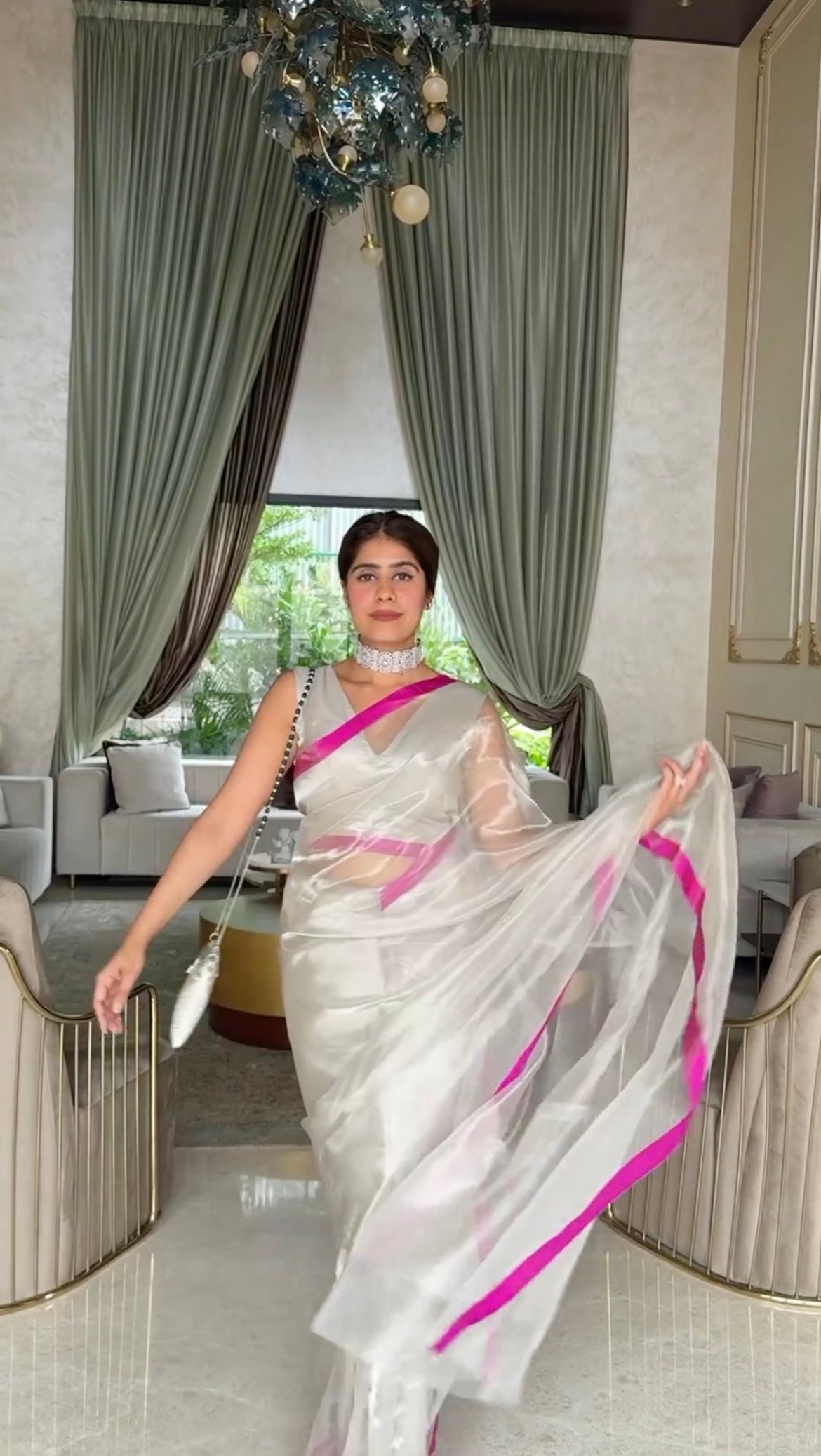 Silver white & hot pink chanderi tissue silk saree