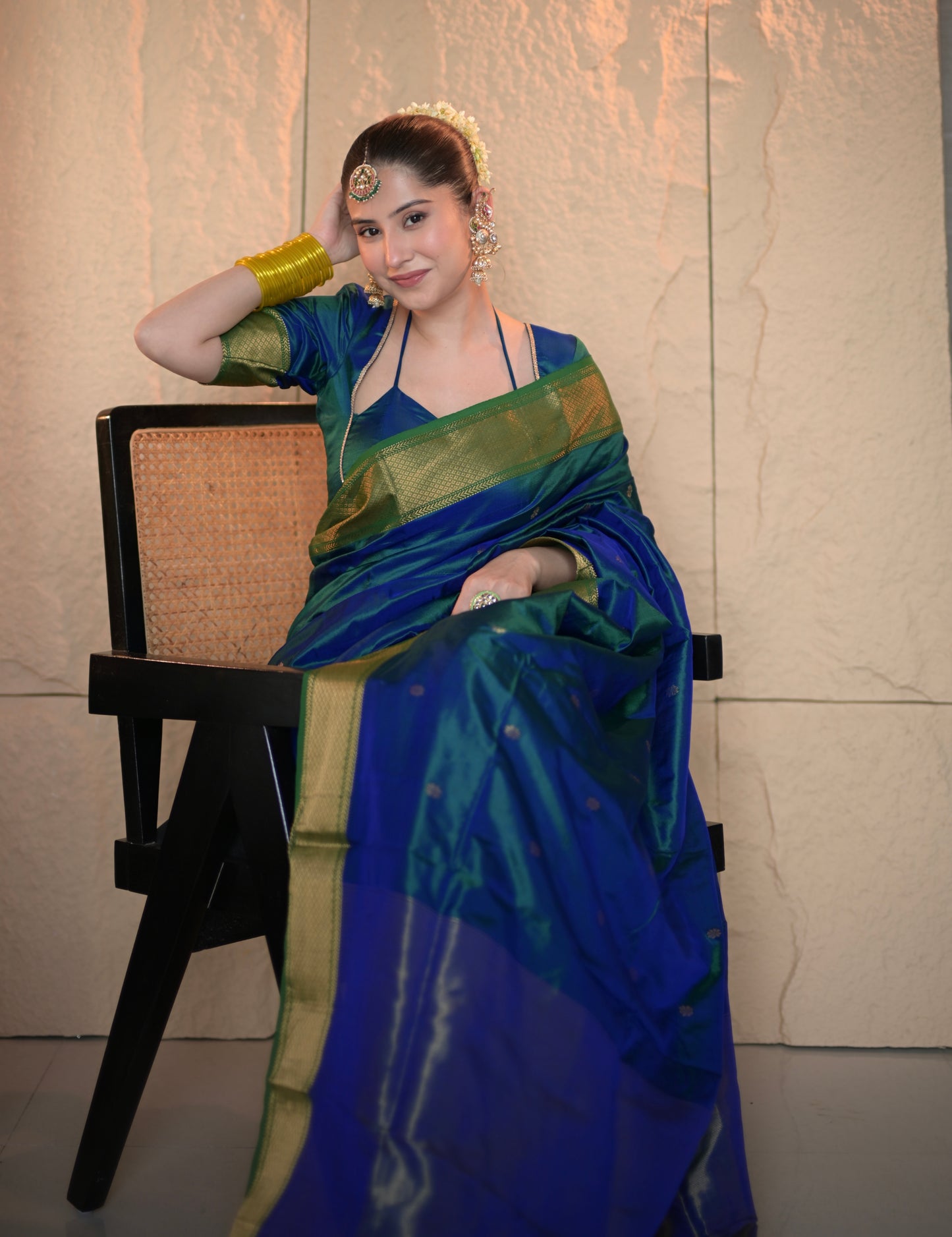 Peacock blue and green dual tone Maheshwari silk saree with zari bootis all over