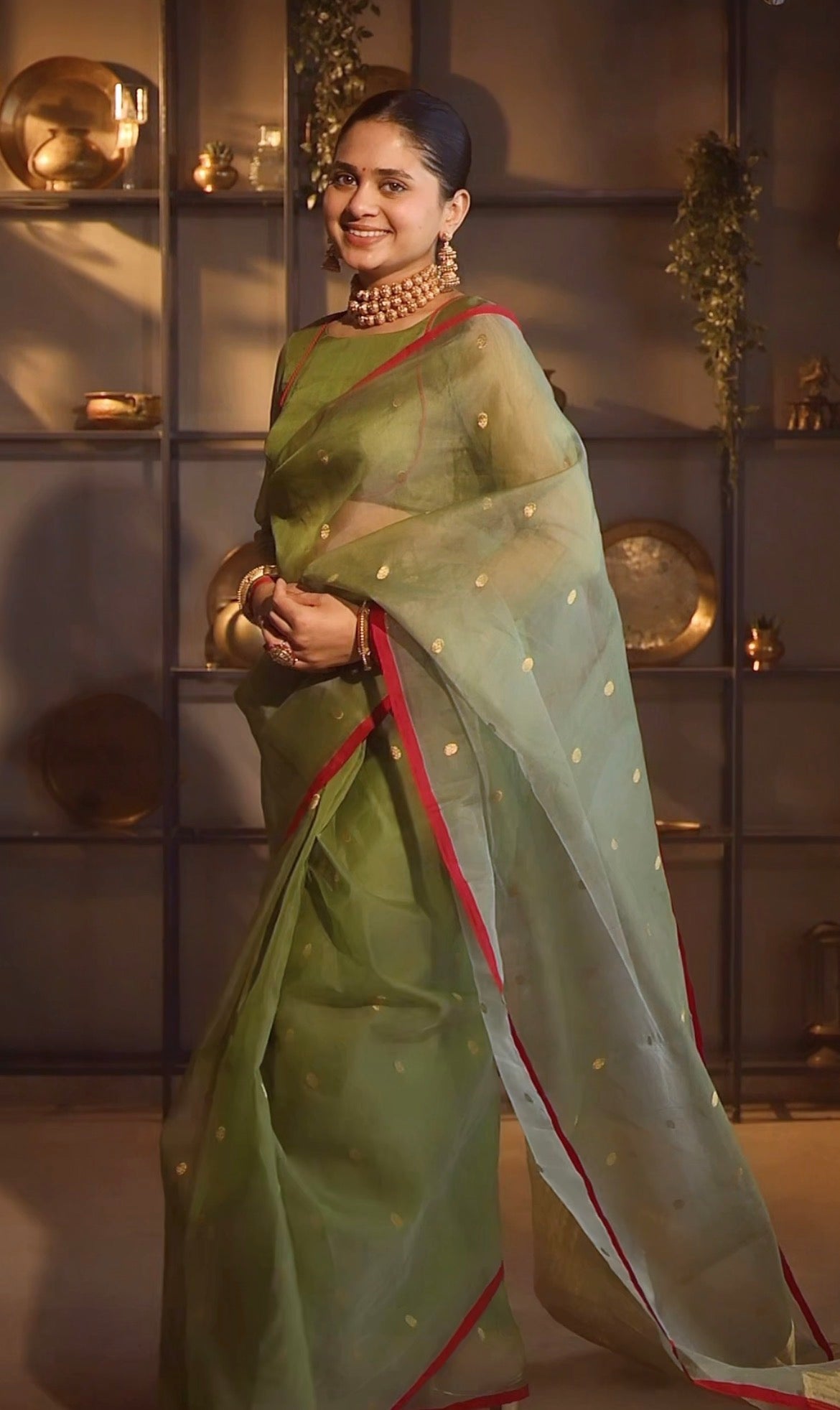 Olive gold & red Chanderi silk saree with zari bootis all over
