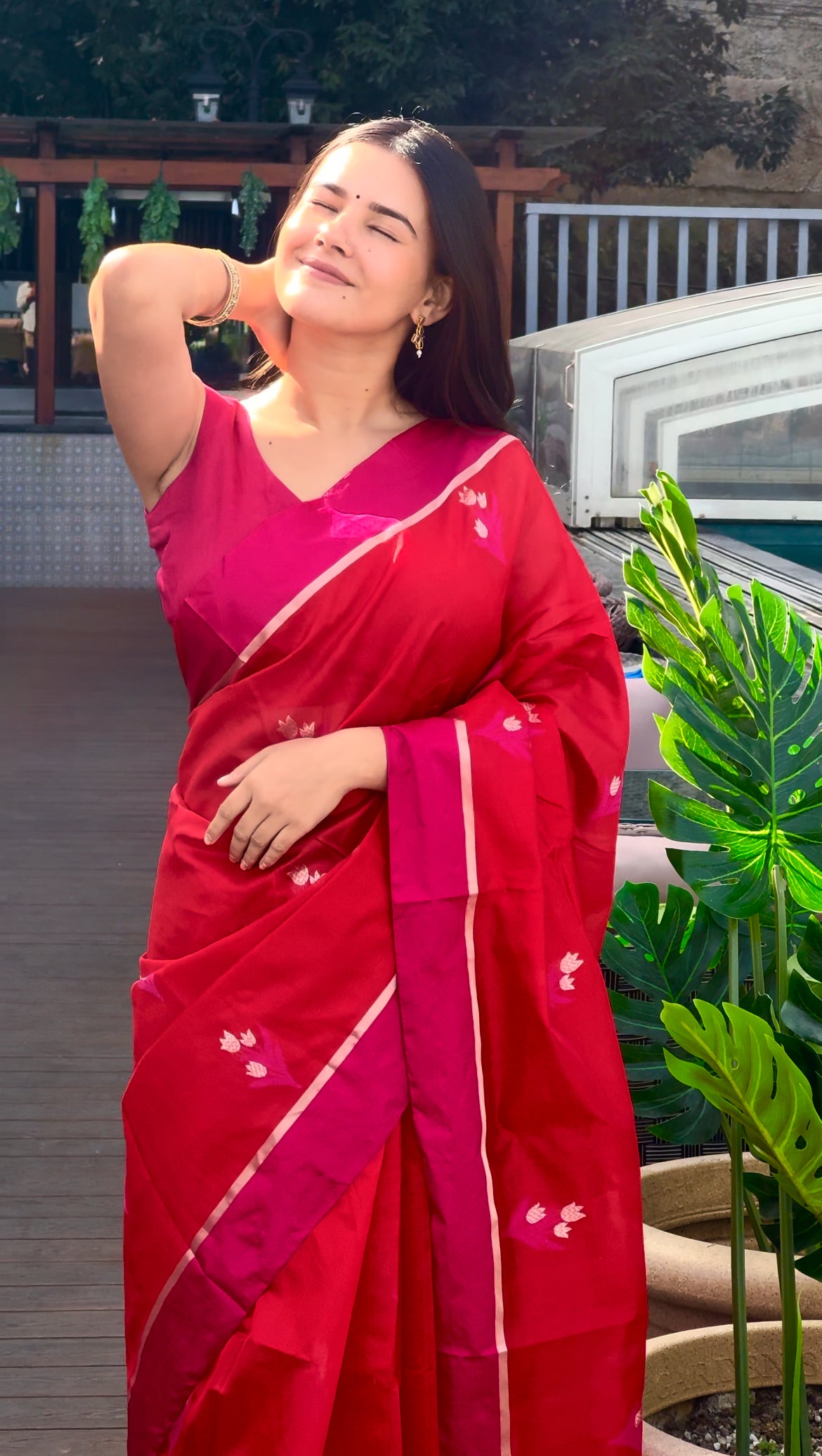 Red and pink chanderi saree with flower motifs all over