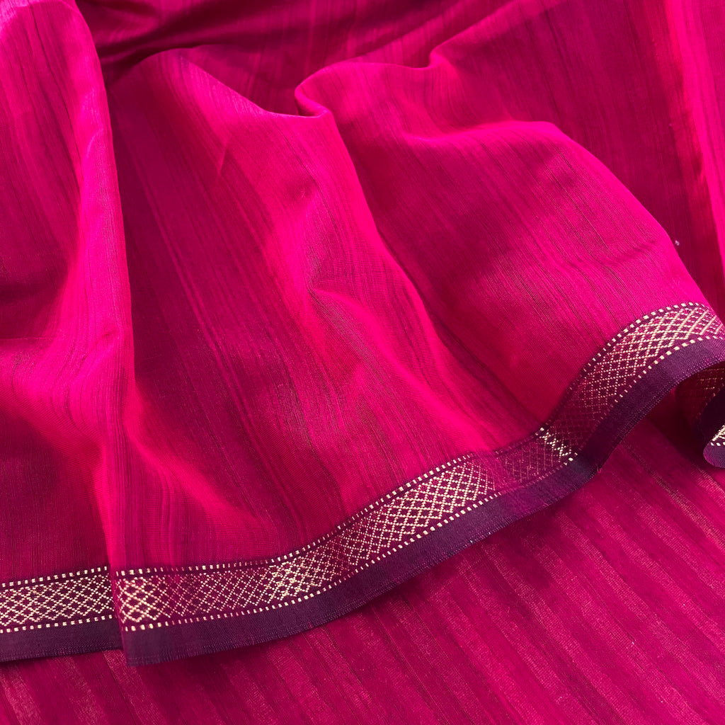 Dark pink Maheshwari saree with zari stripes all over