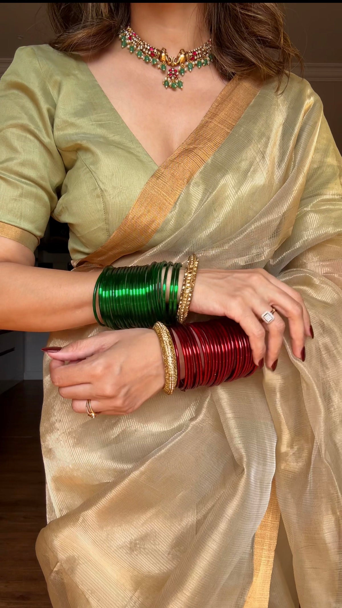 Olive Gold Maheshwari Saree with Zari lines all over