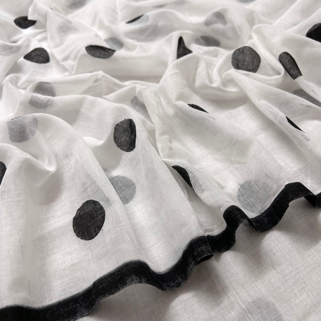 White and black polka dots mulmul saree
