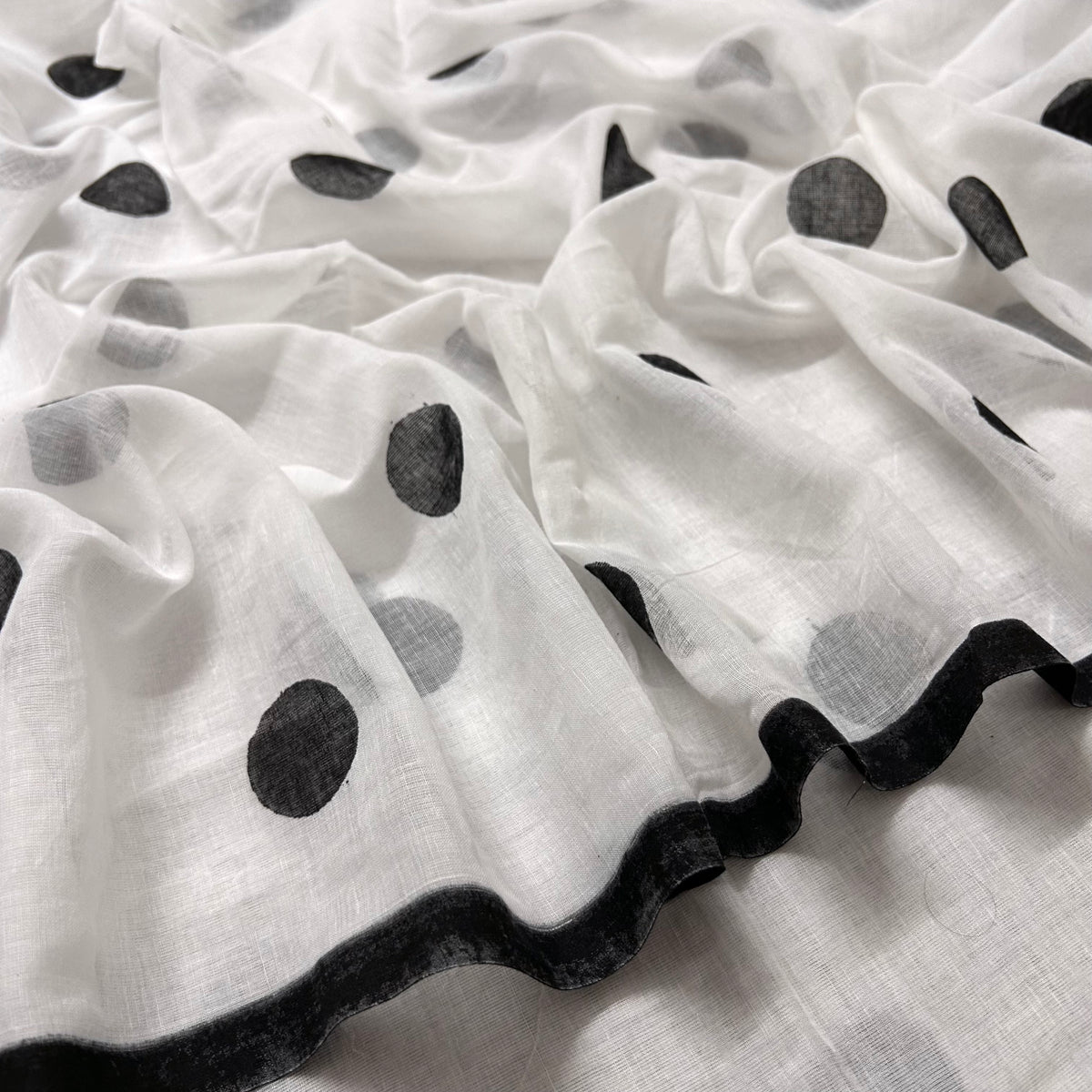 White and black polka dots mulmul saree