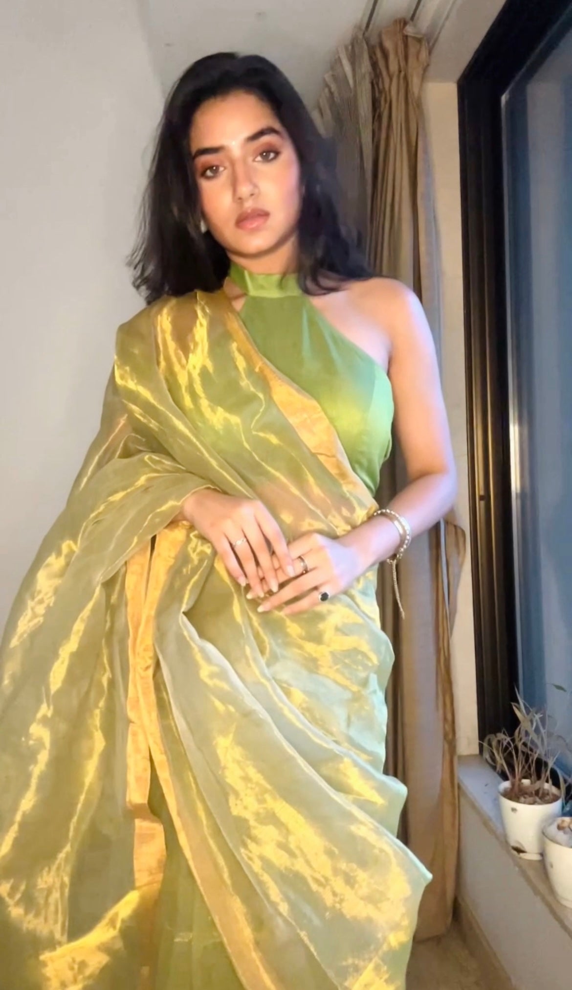 Lime green maheshwari saree with zari lines all over