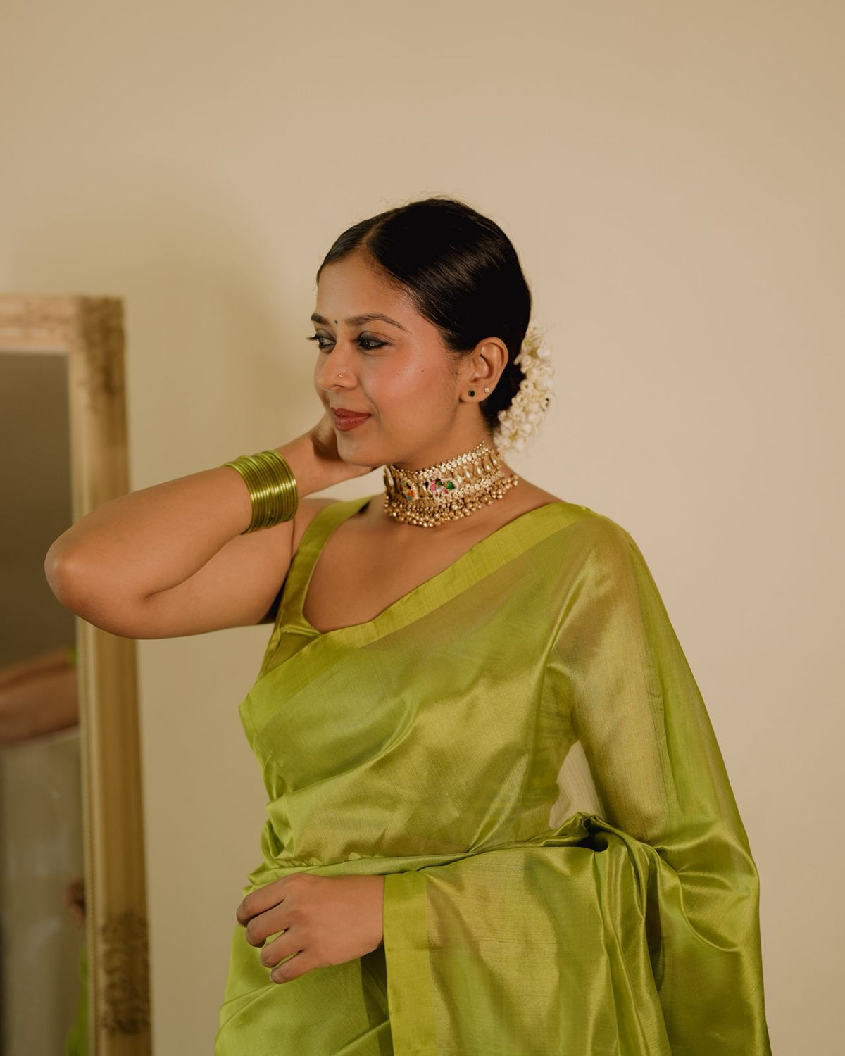 Olive green Chanderi silk saree with silk border