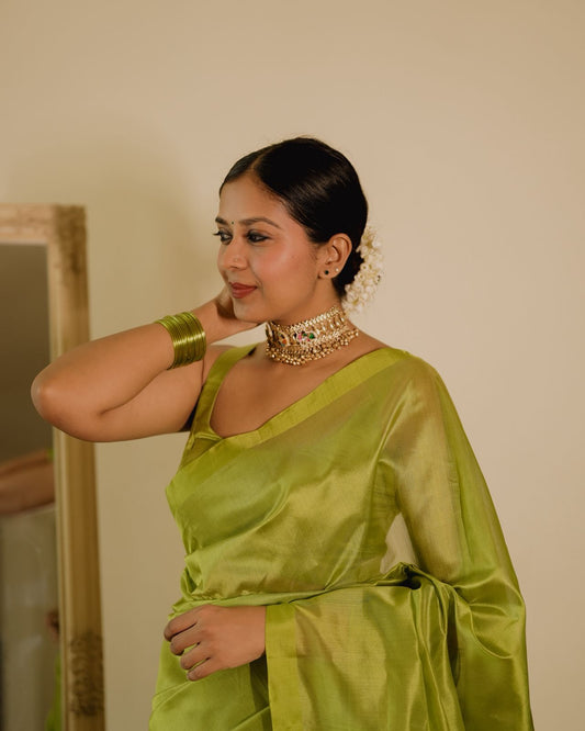 Olive green Chanderi silk saree with silk border