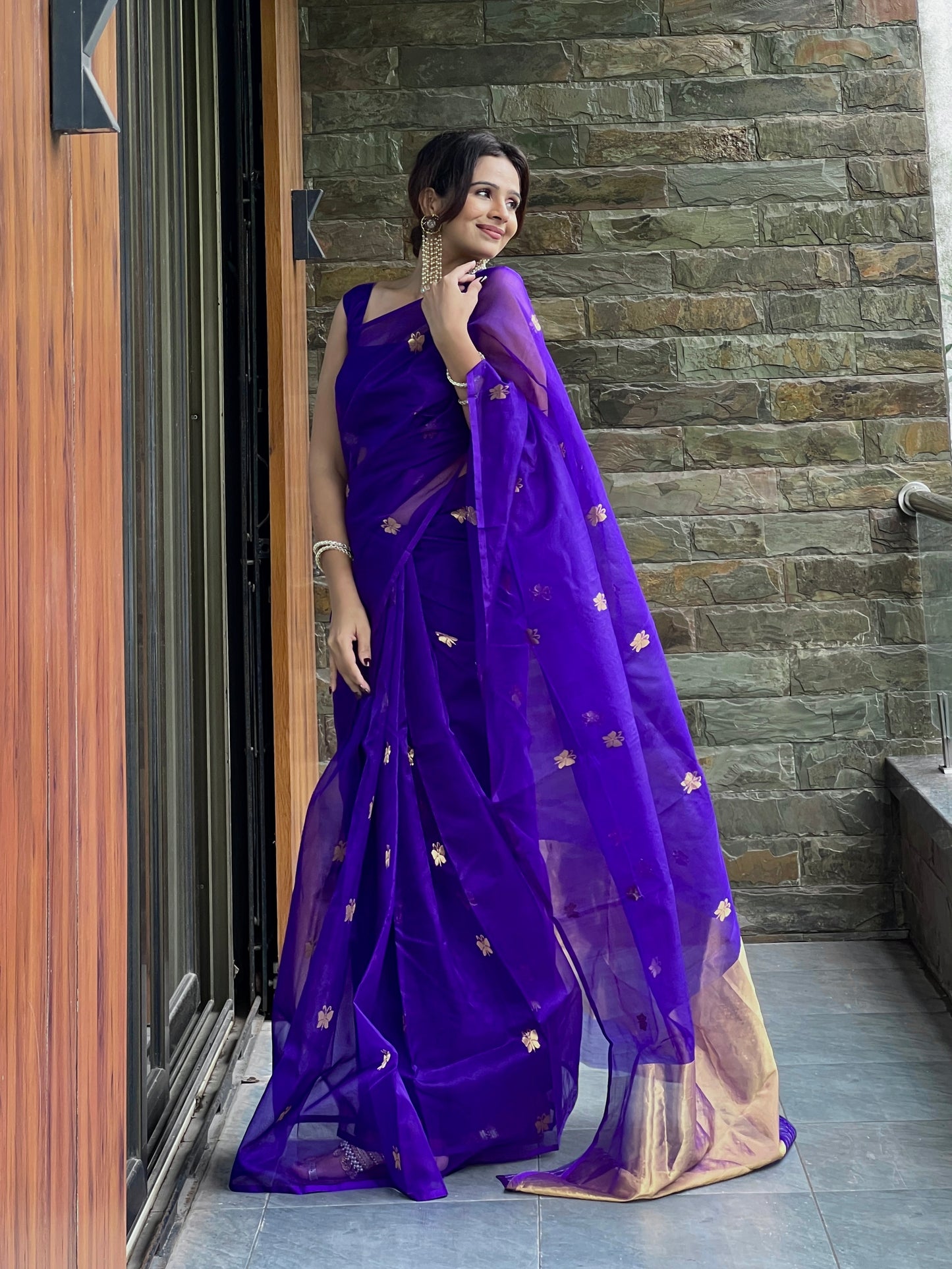 Dark purple chanderi organza silk saree with butterfly motifs all over