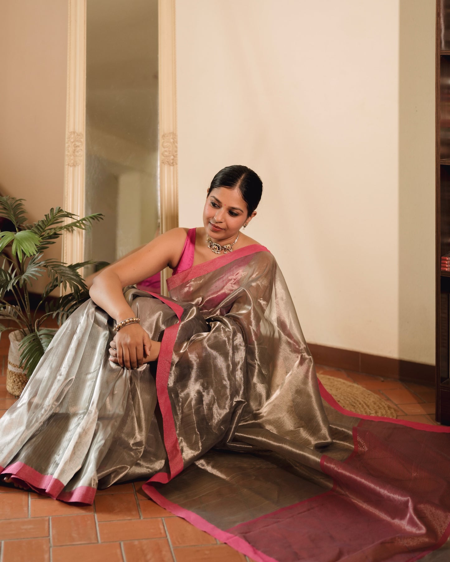 Silver grey and pink Chanderi tissue silk saree with zari lines on pallu