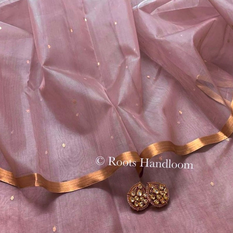 Dusty pink chanderi silk saree with zari bootis all over