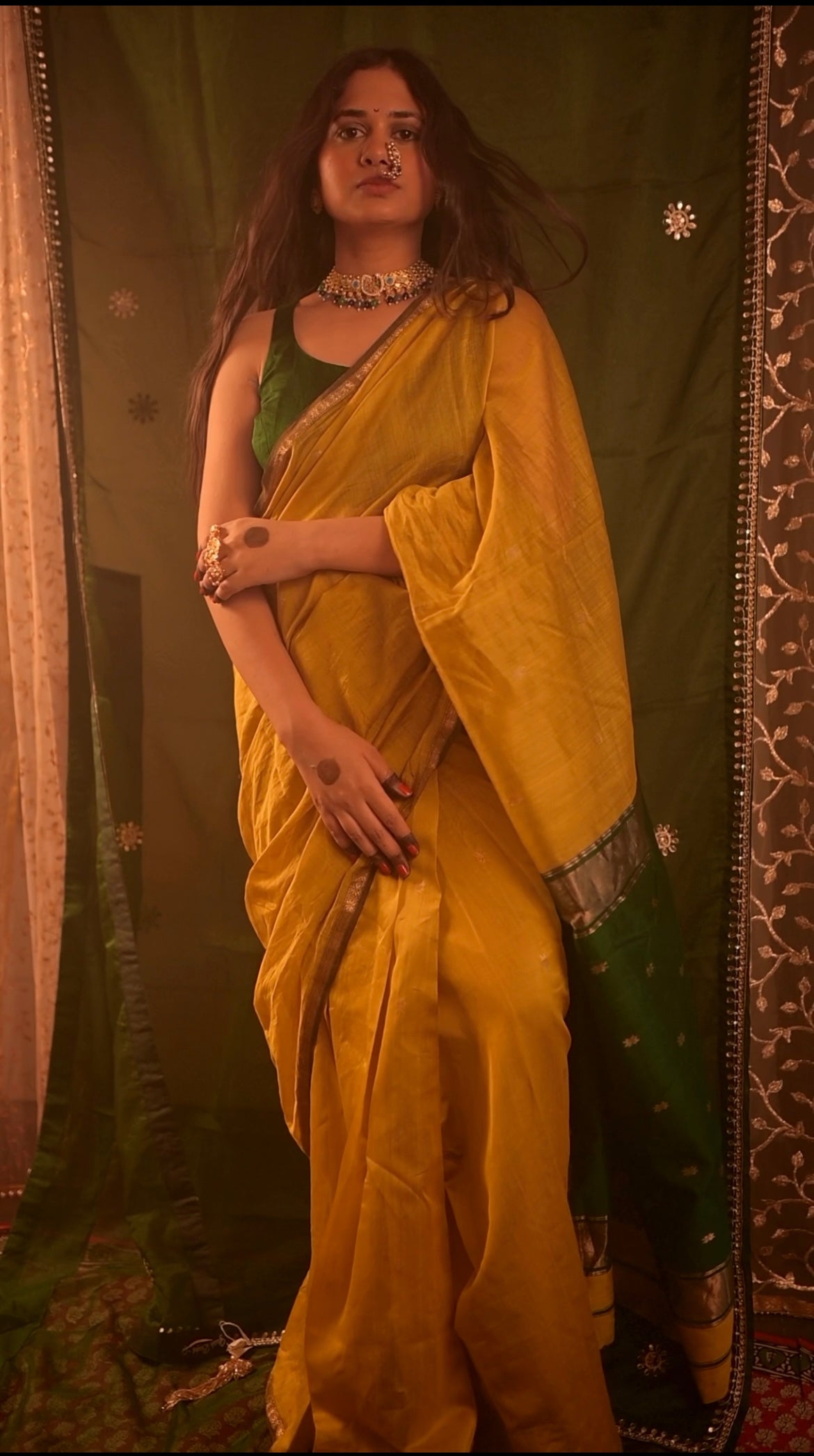 Mustard & green Maheshwari saree with flower bootis all over