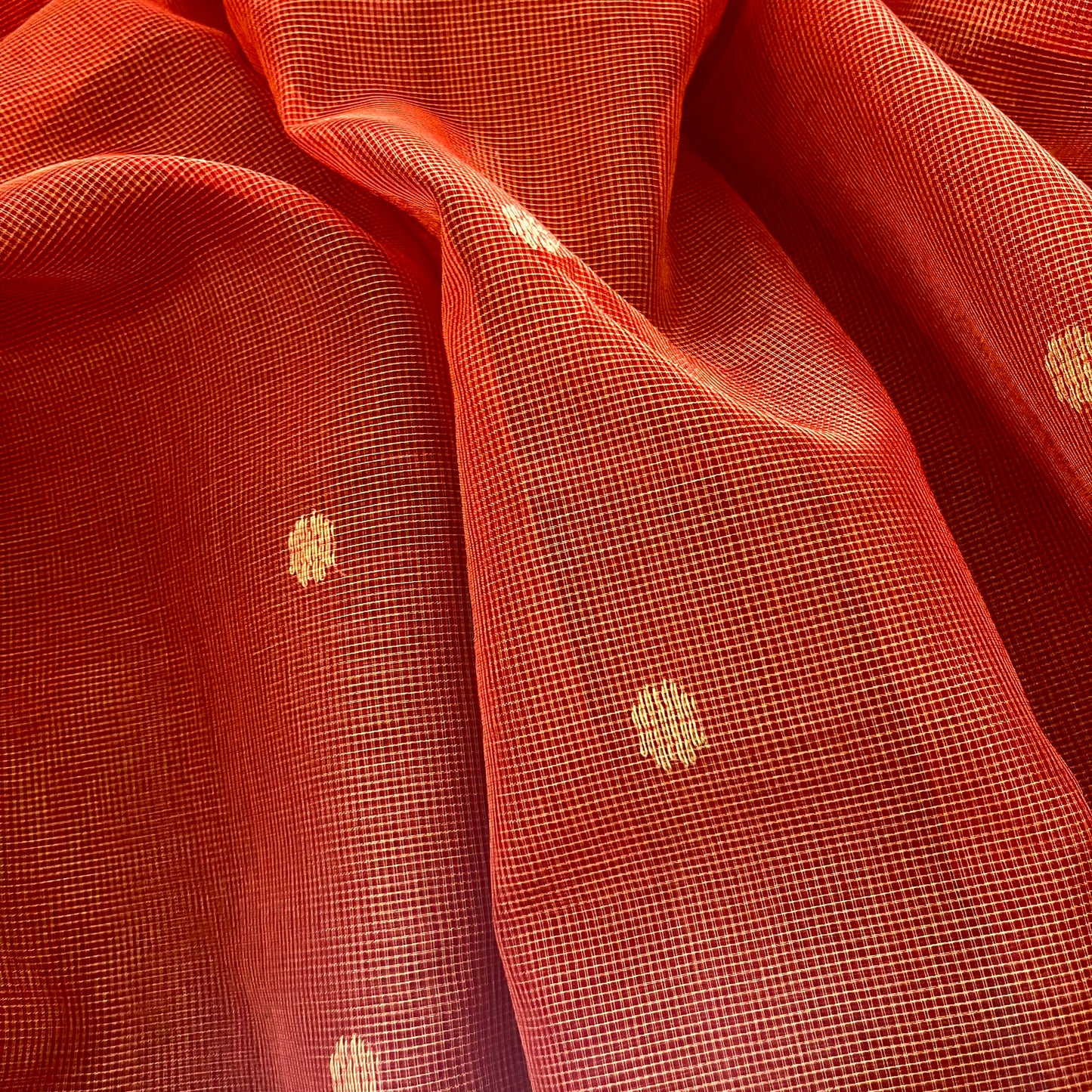 Red and gold Maheshwari silk saree with zari jaal work on pallu