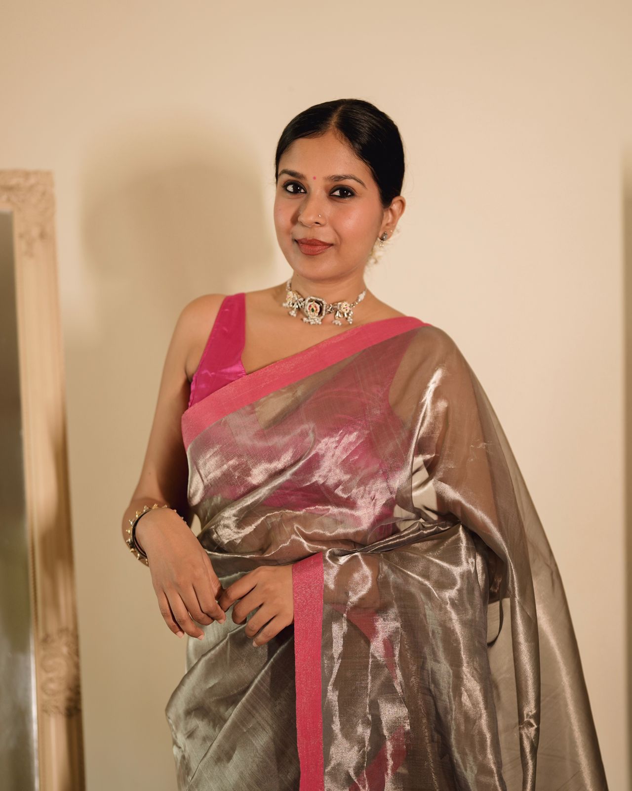 Silver grey and pink Chanderi tissue silk saree with zari lines on pallu