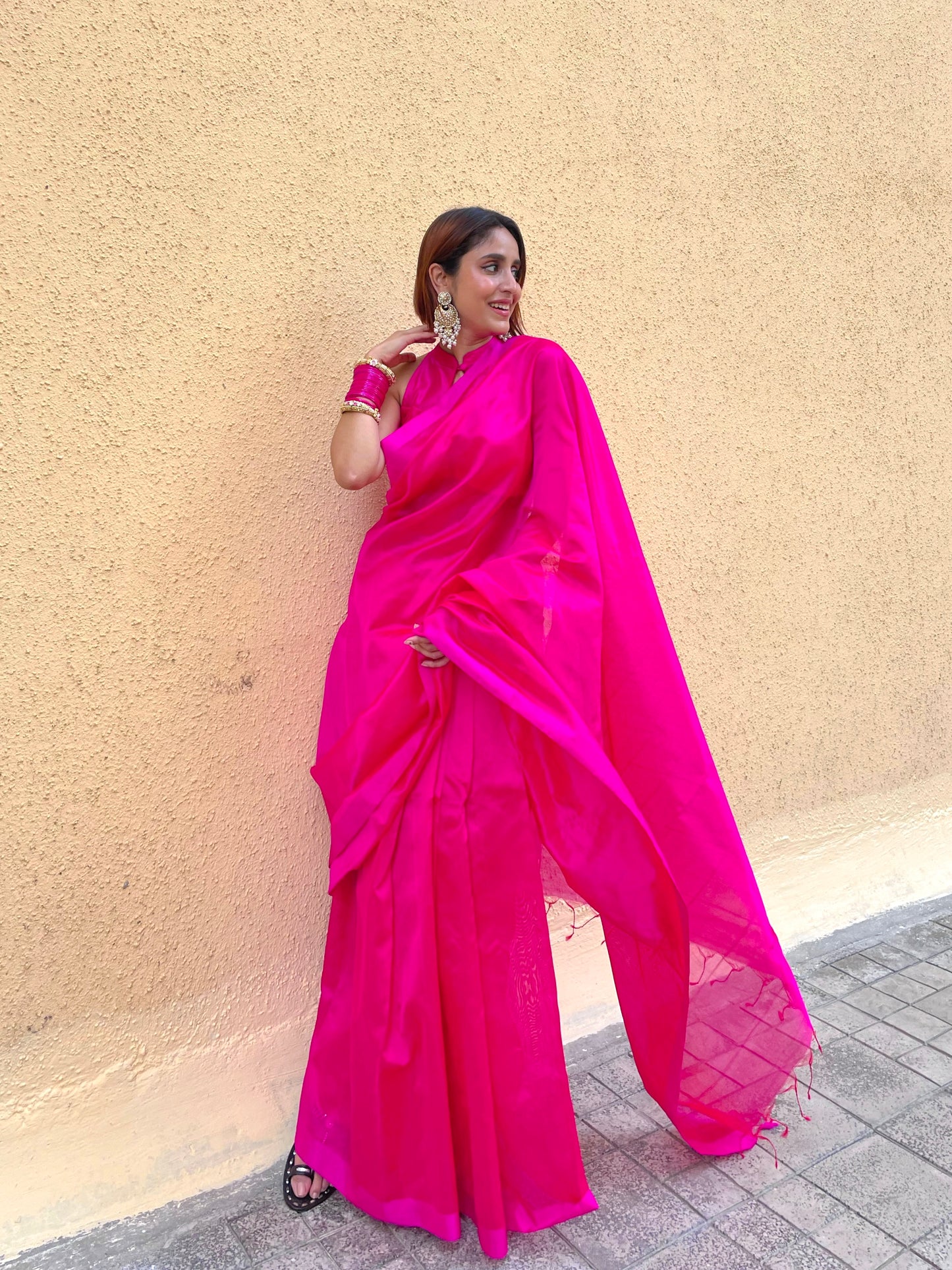 Hot pink chanderi silk saree with silk border