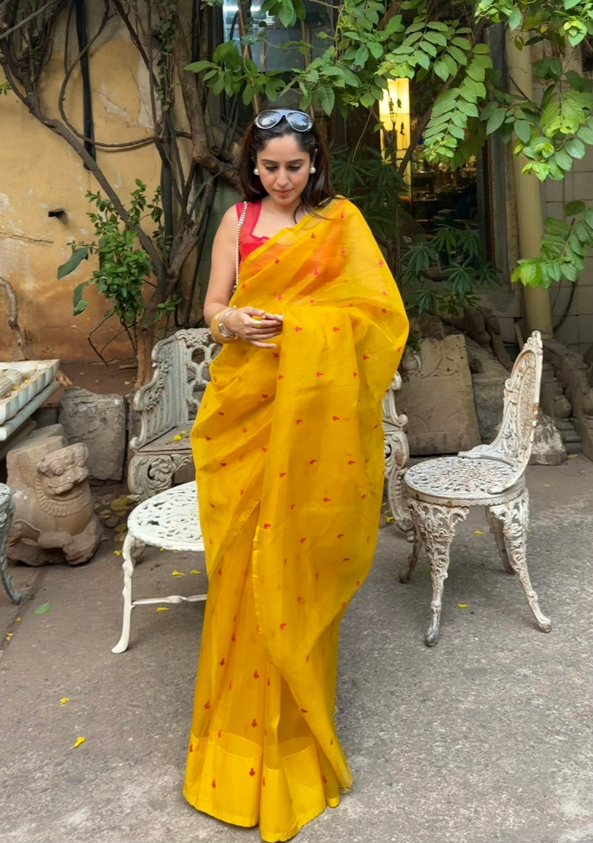 Mustard and pink Chanderi silk saree with resham bootis all over