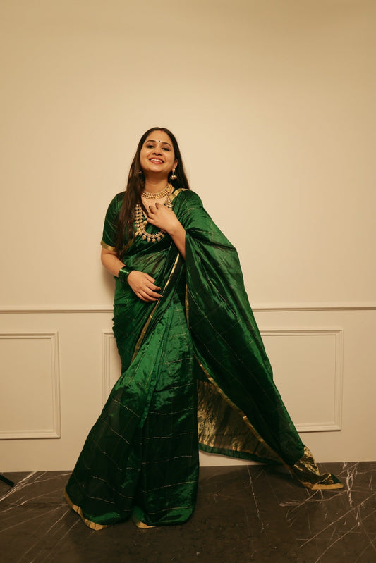 (Shop the look) Dark green chanderi silk saree with zari checks all over