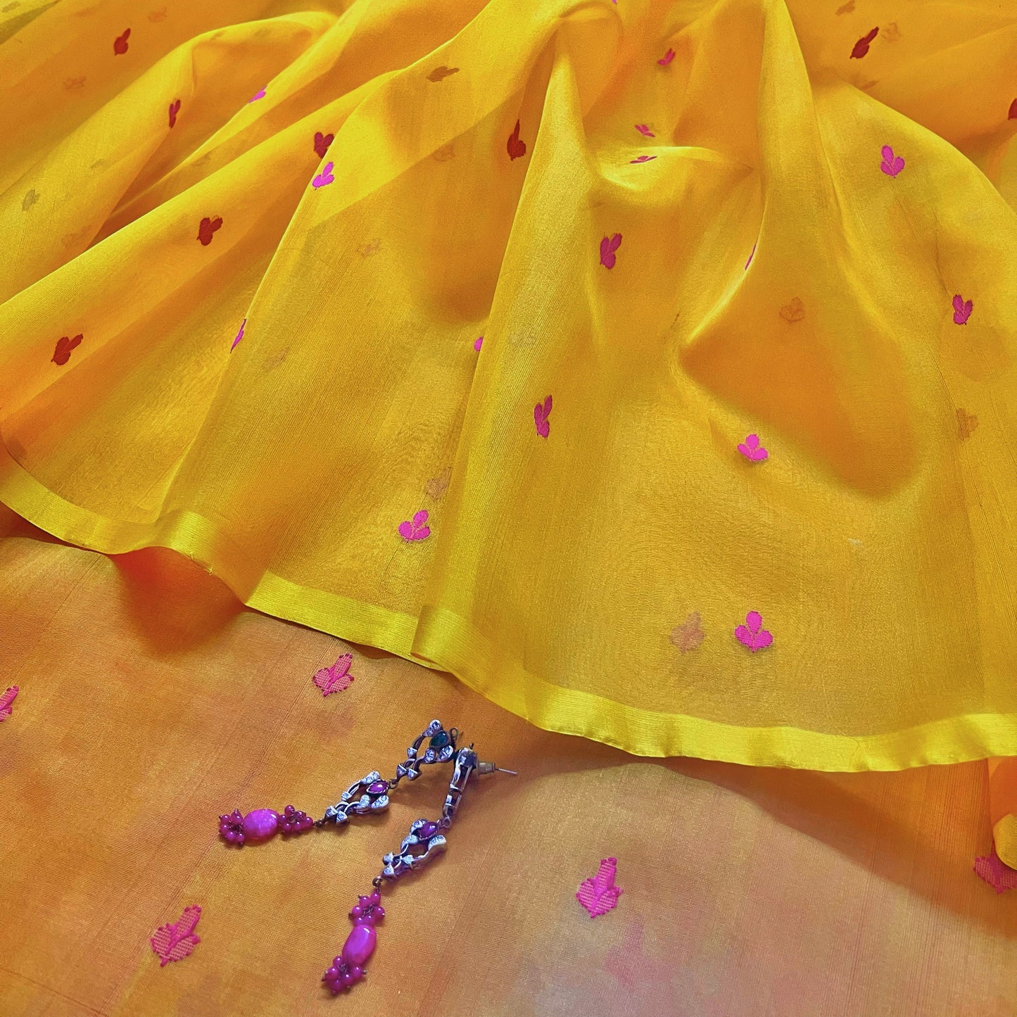 Mustard and pink Chanderi silk saree with resham bootis all over