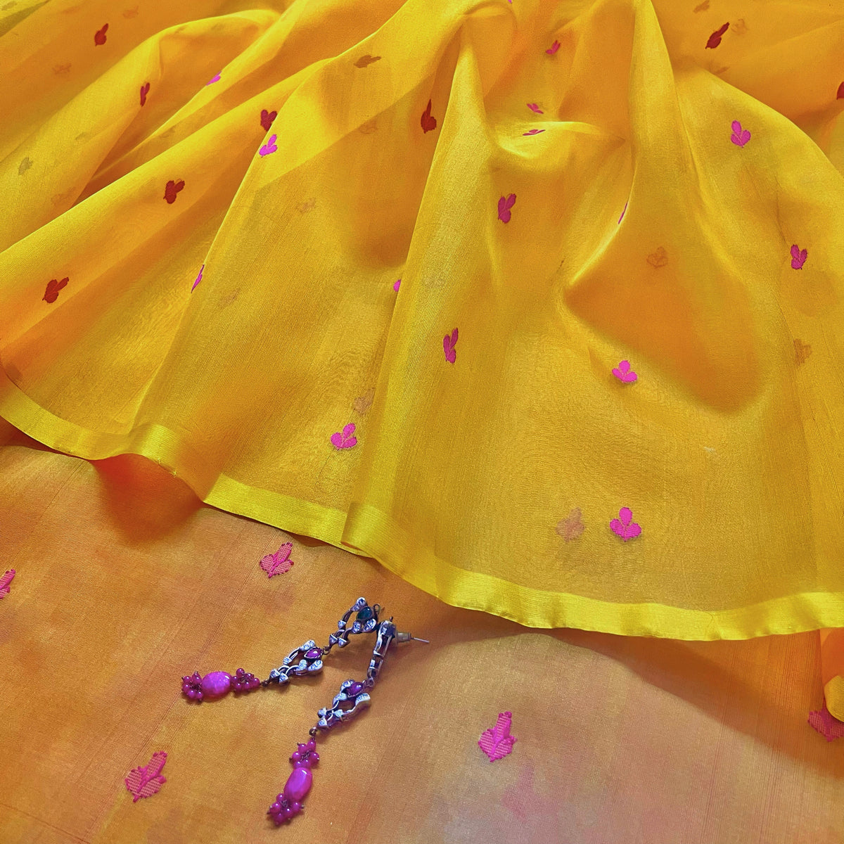 Mustard and pink Chanderi silk saree with resham bootis all over
