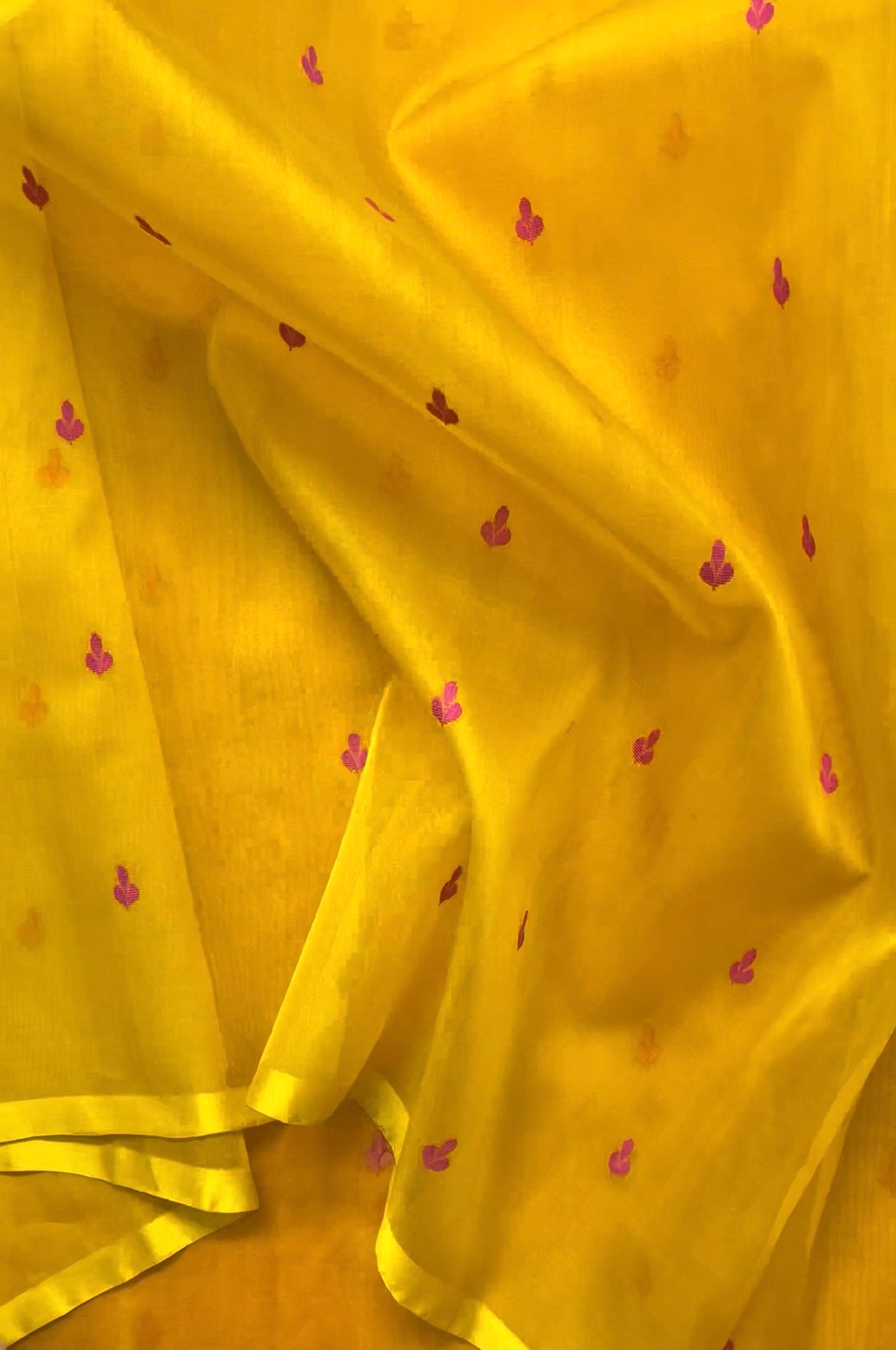 Mustard and pink Chanderi silk saree with resham bootis all over