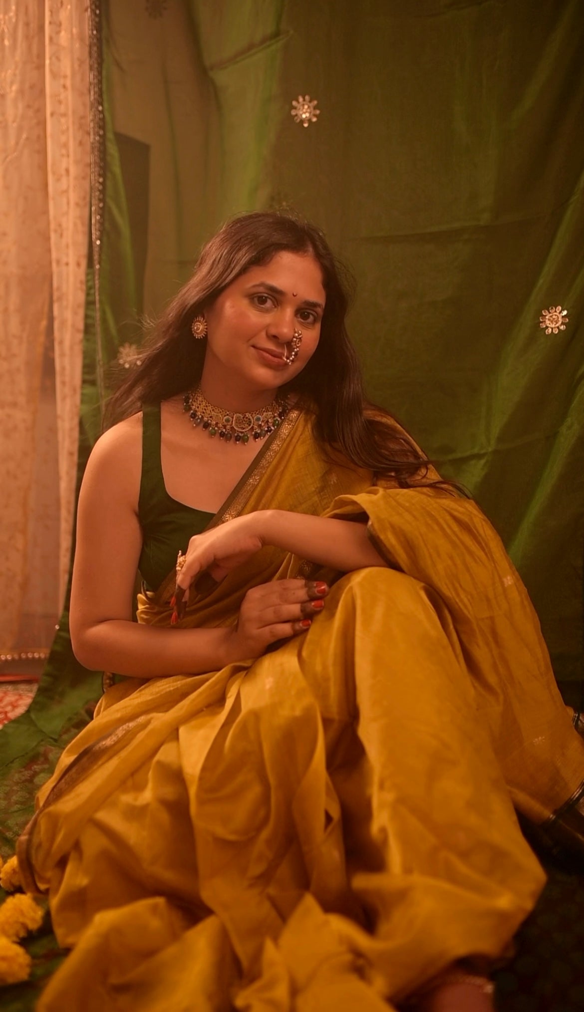 Mustard & green Maheshwari saree with flower bootis all over