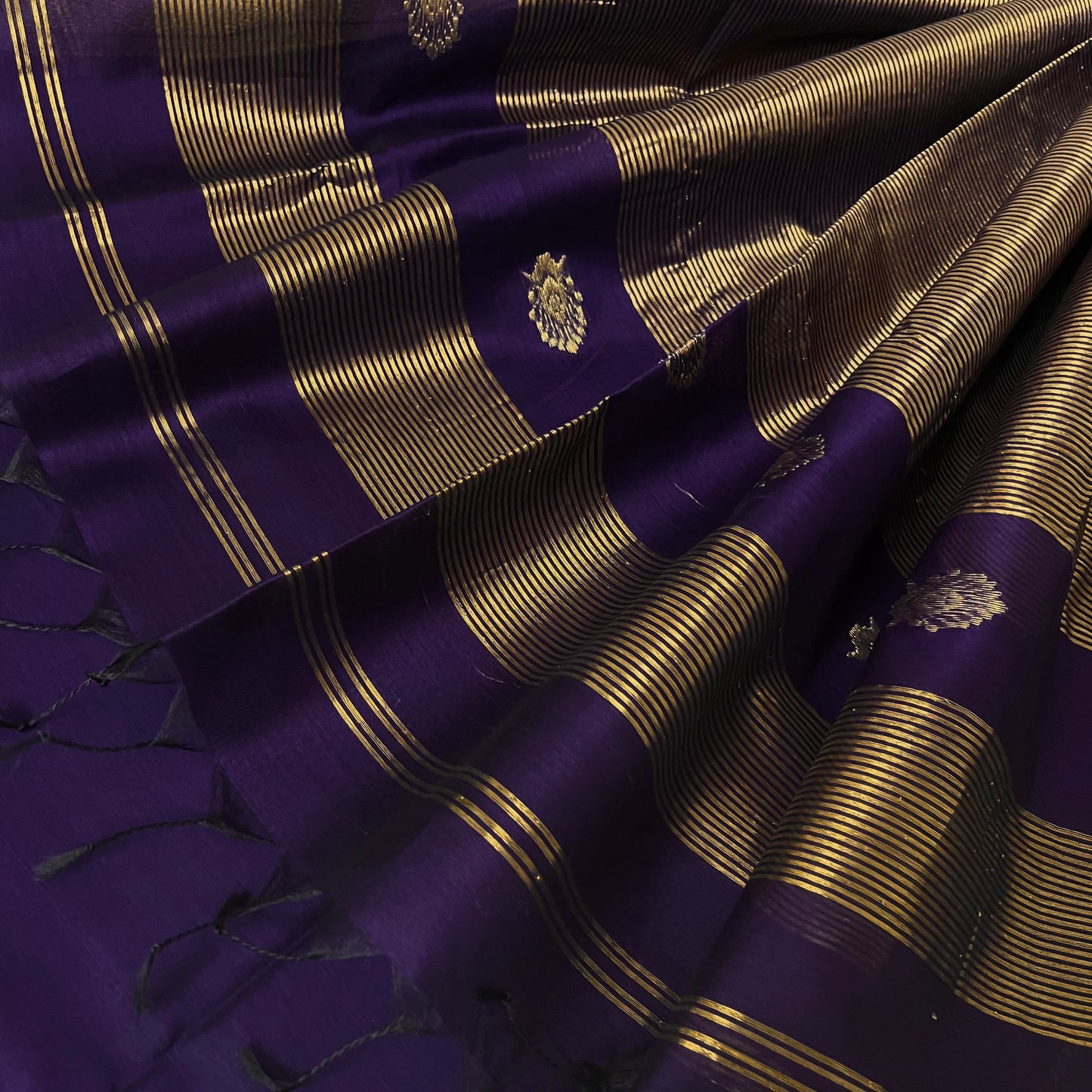 Dark purple Maheshwari saree with zari motifs all over