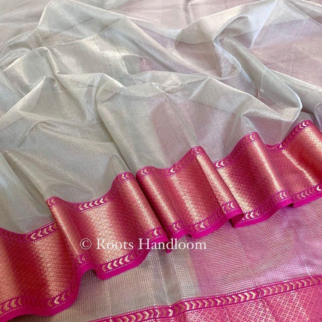 Grey & pink maheshwari saree with zari lines all over