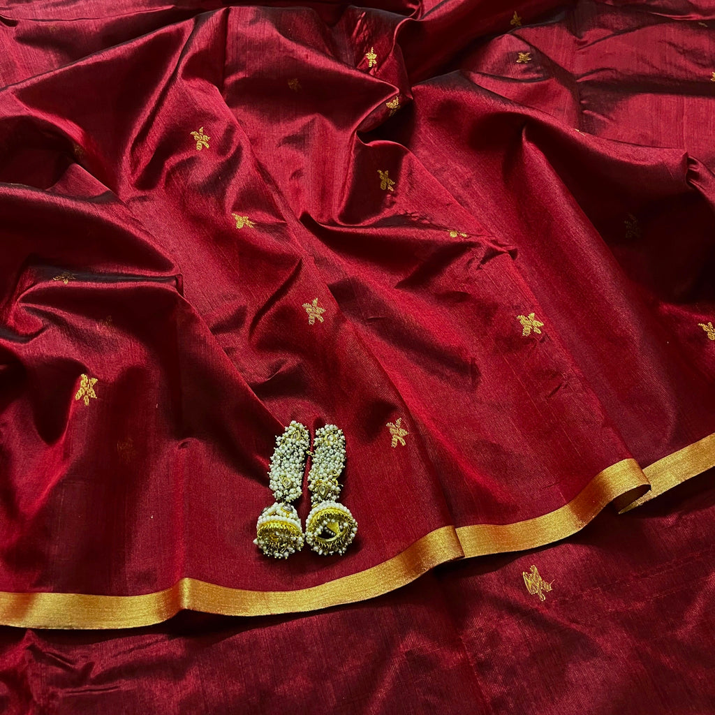Ready to wear | Deep Maroon Chanderi Silk Saree with Flower Bootis all over