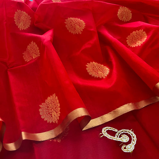 Red Chanderi silk saree with mor motifs all over