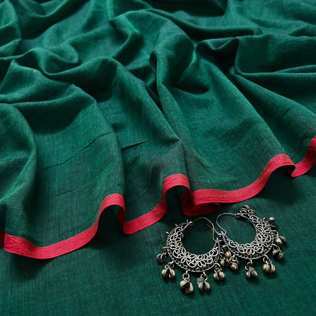 Dark green and red mulmul saree