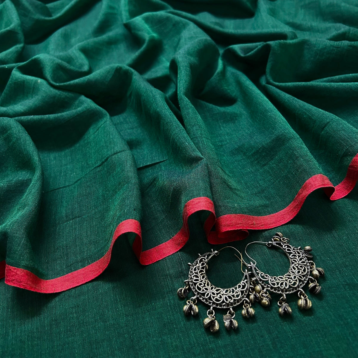 Dark green and red mulmul saree