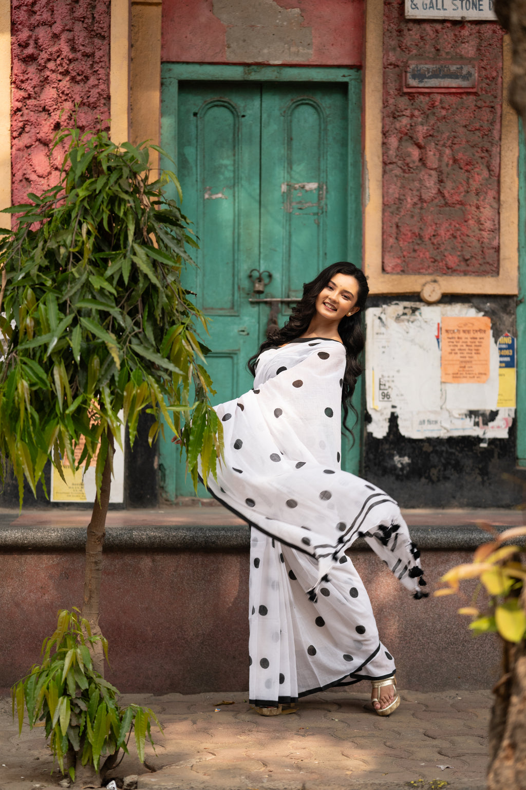 White and black polka dots mulmul saree