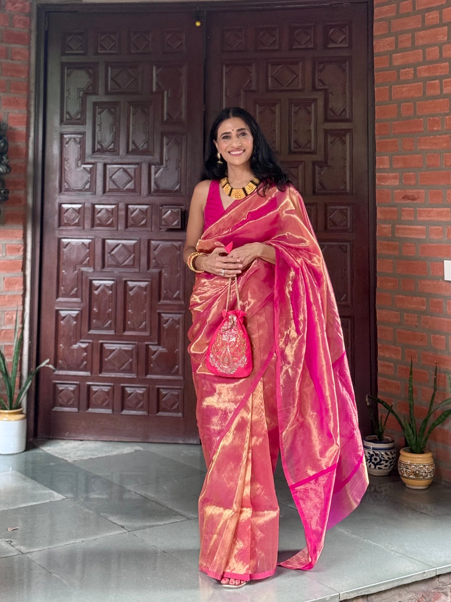 Pink and gold chanderi tissue silk saree