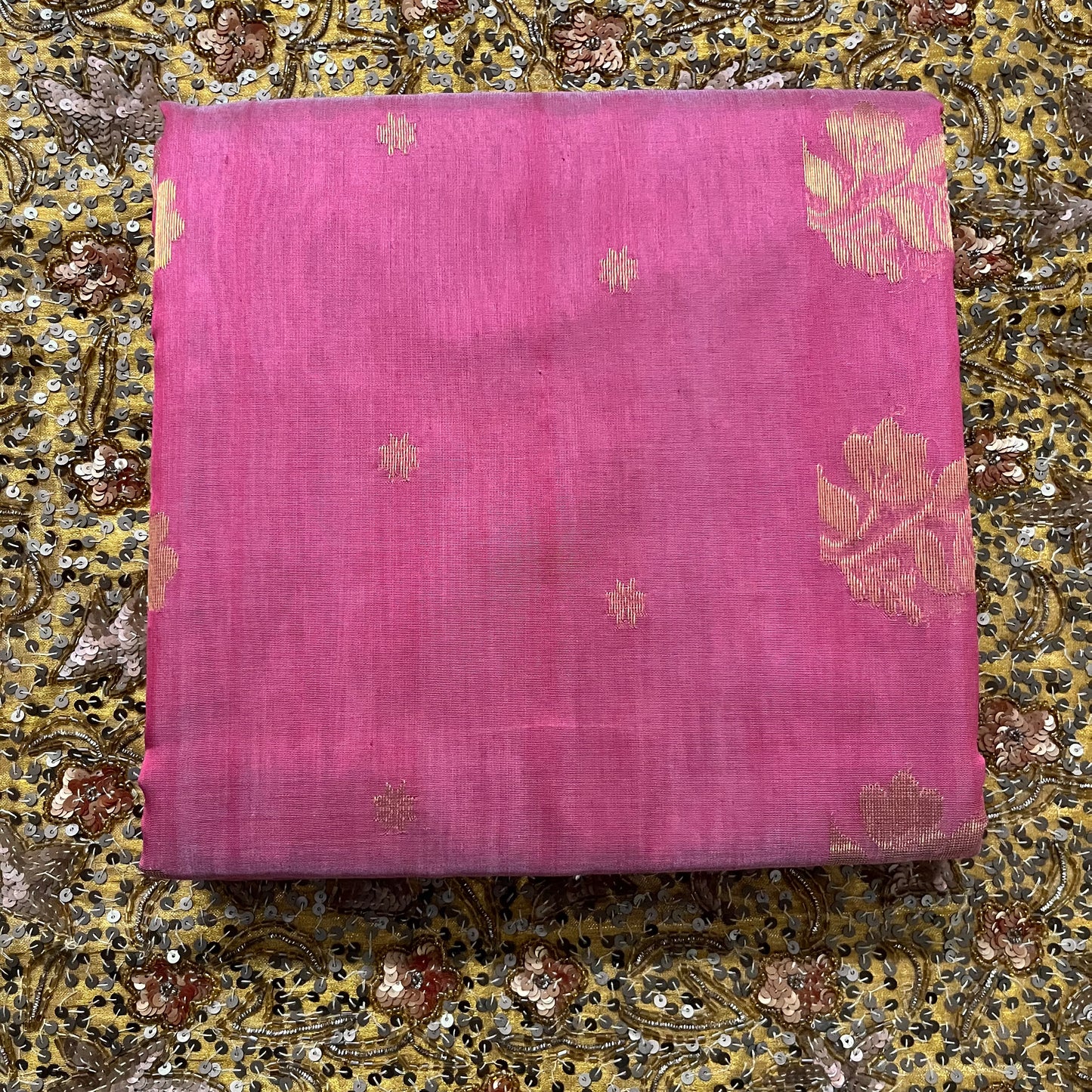 Rose pink Chanderi saree with zari bootis all over and flower motifs on pallu