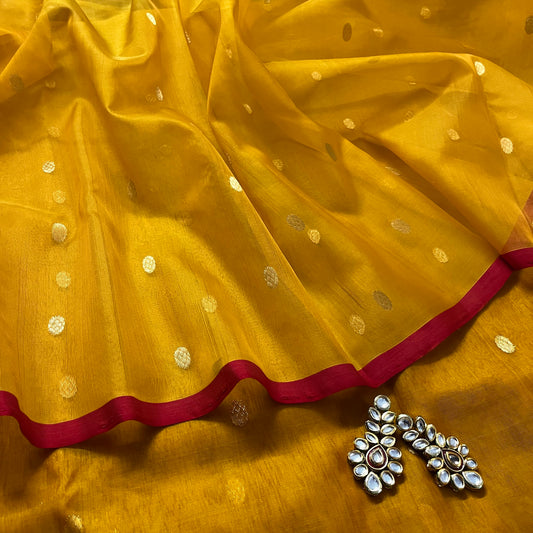 Mustard red Chanderi silk saree with zari bootis all over
