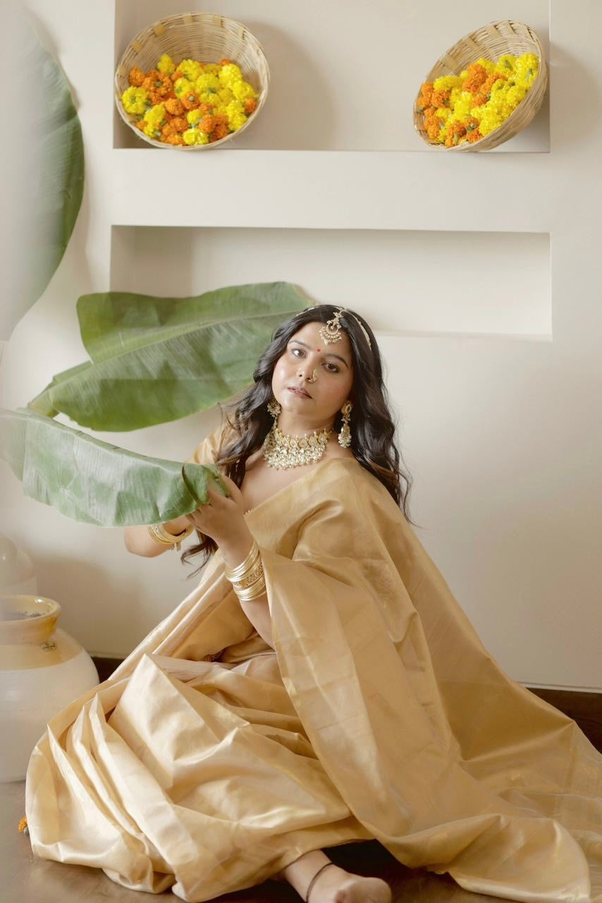 Gold chanderi silk saree with jhoomar motifs all over
