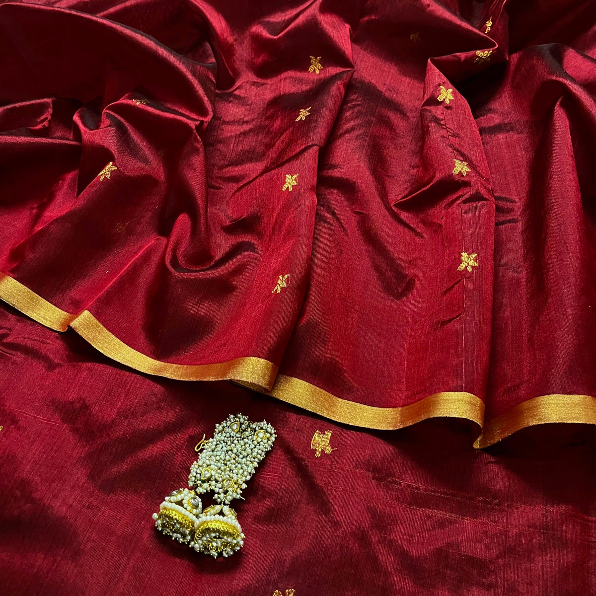 Ready to wear | Deep Maroon Chanderi Silk Saree with Flower Bootis all over