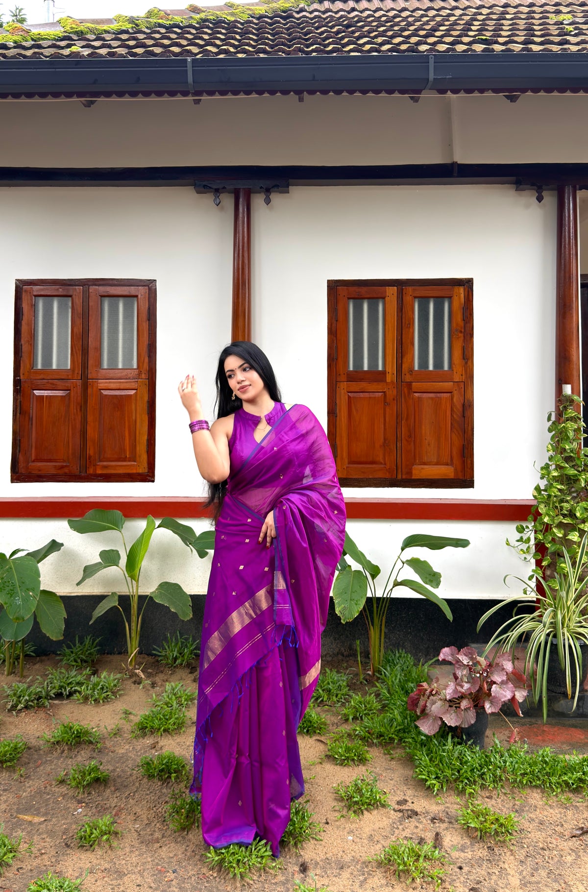 Ready to wear | Violet Dual Tone Maheshwari Saree with Zari Bootis all over