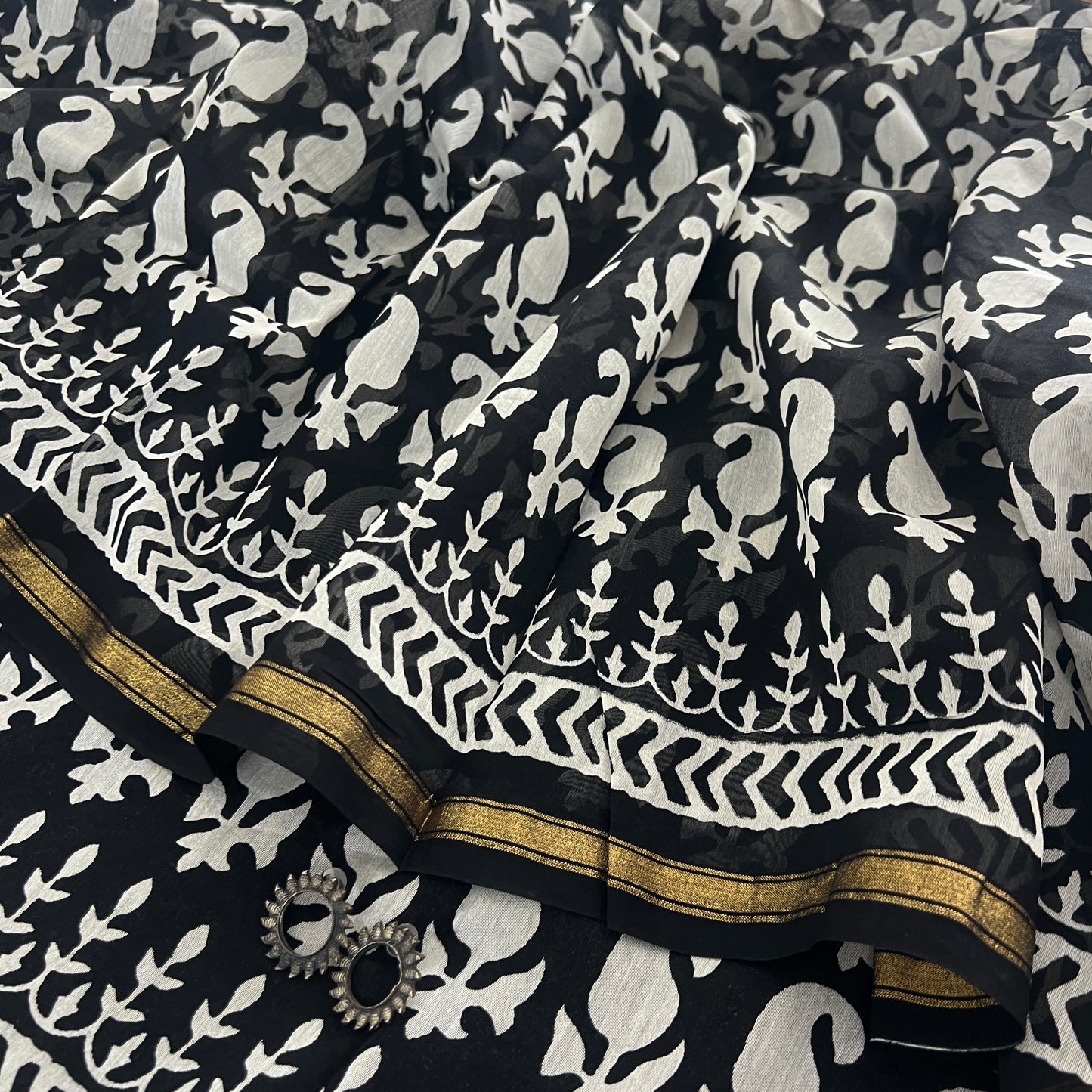 Black and white block print Chanderi saree