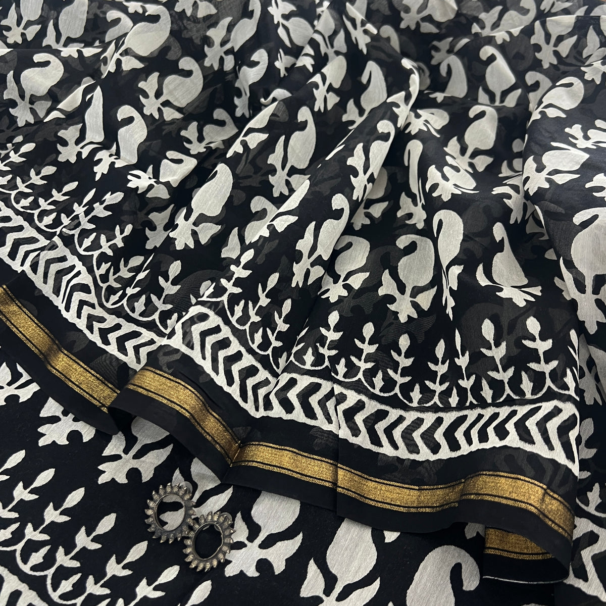 Black & White Block Print Chanderi Saree