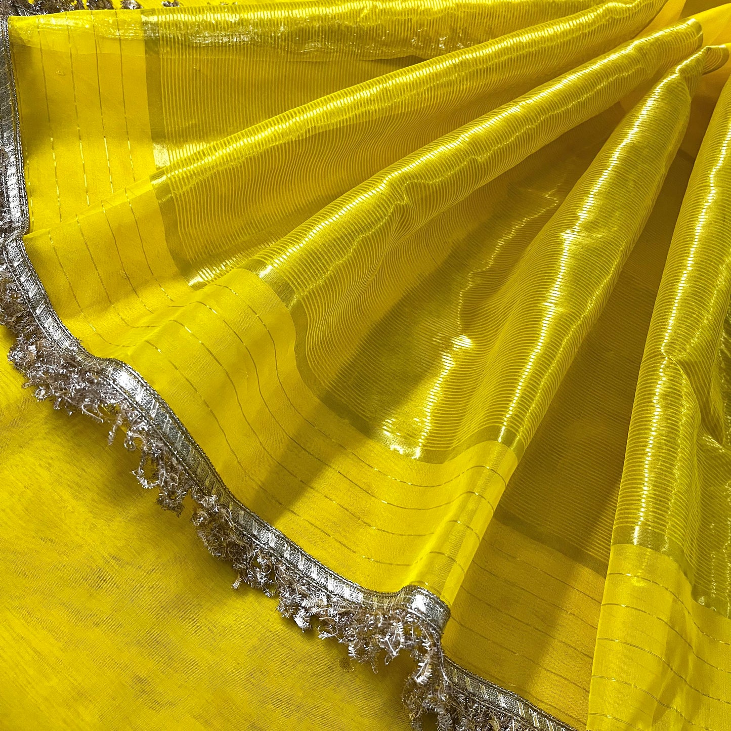 Corn yellow Chanderi silk saree with zari bootis all over