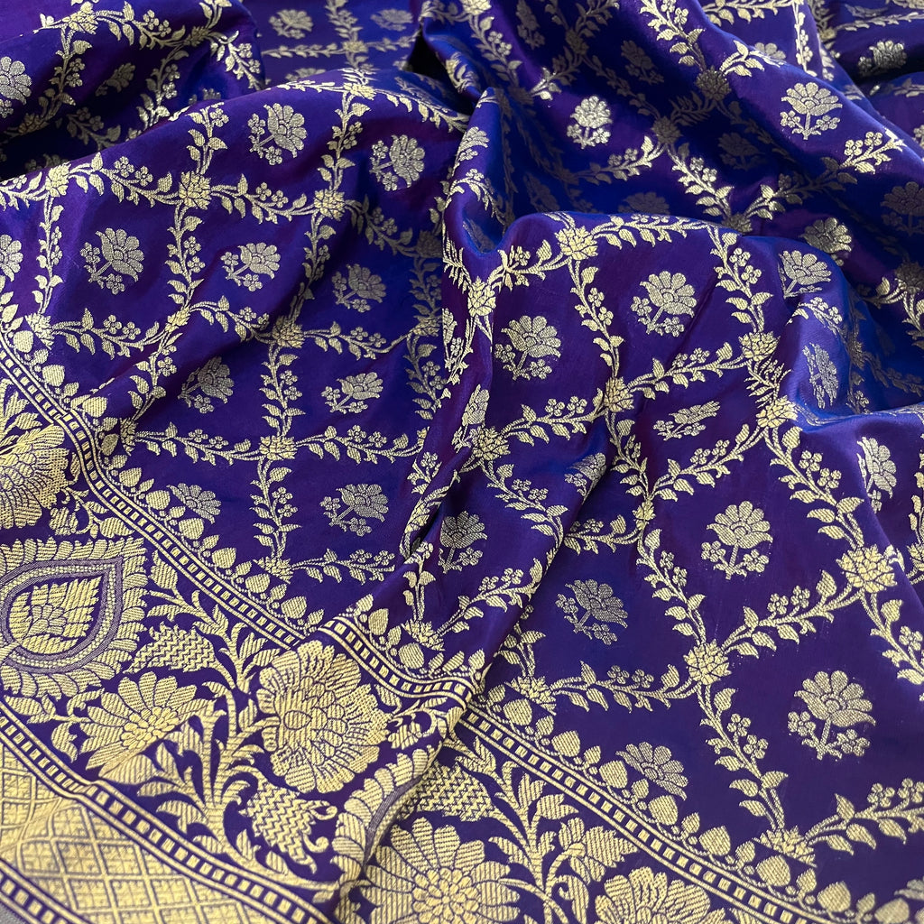 Dark Purple Banarasi Organza Silk Saree with Zari Jaal Work all over