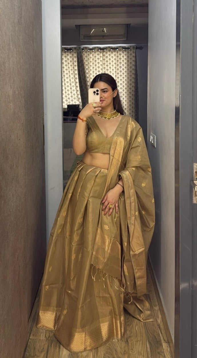 Antique gold maheshwari tissue silk saree with flower motifs all over