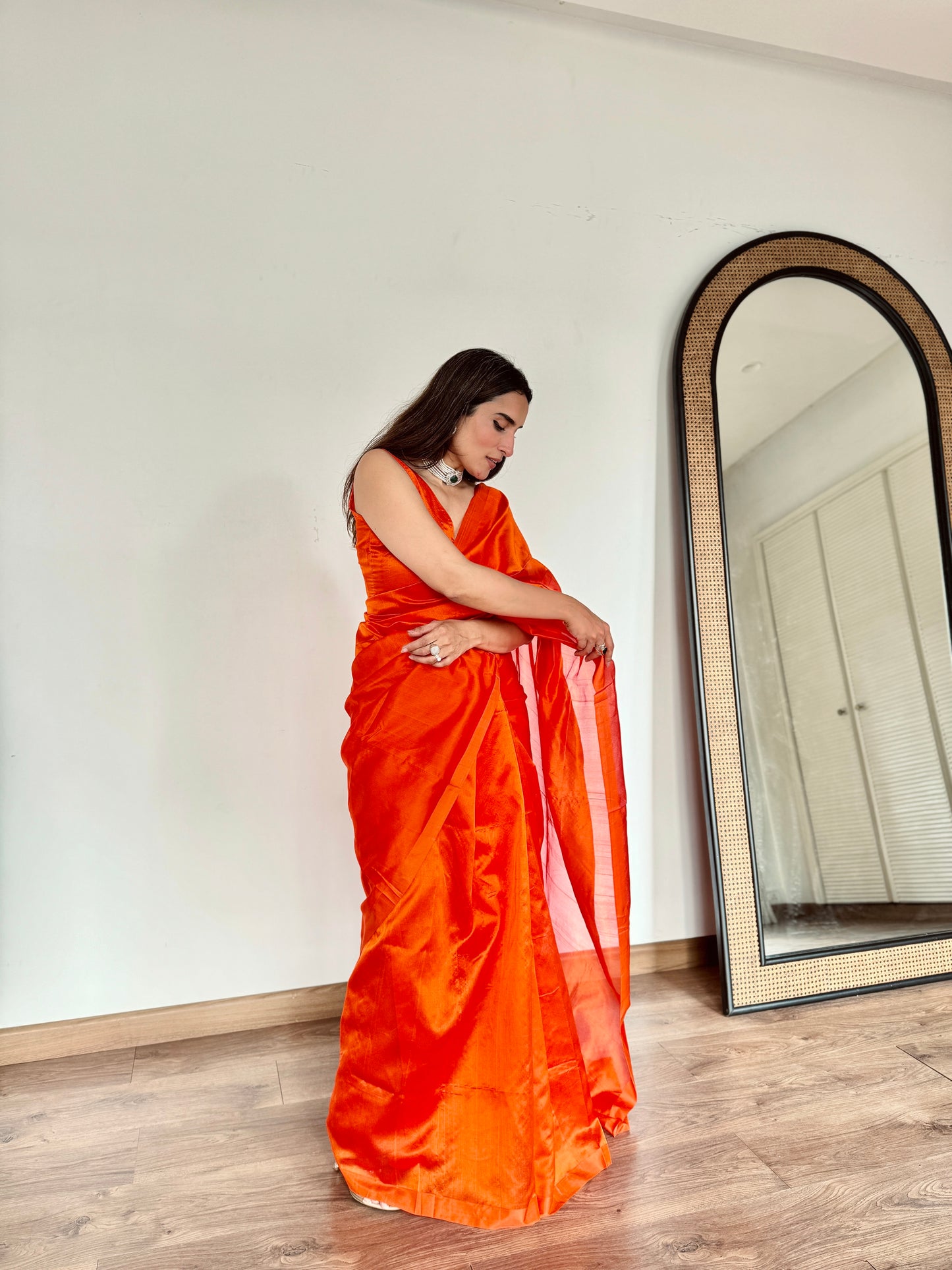 Sunset orange chanderi silk saree with silk border