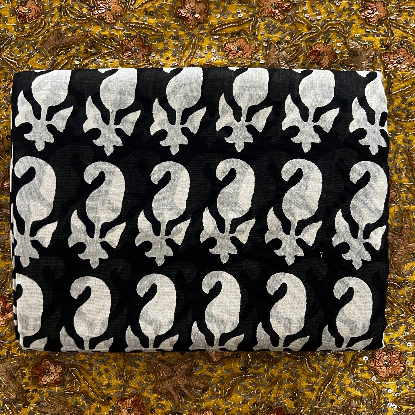 Black and white block print Chanderi saree