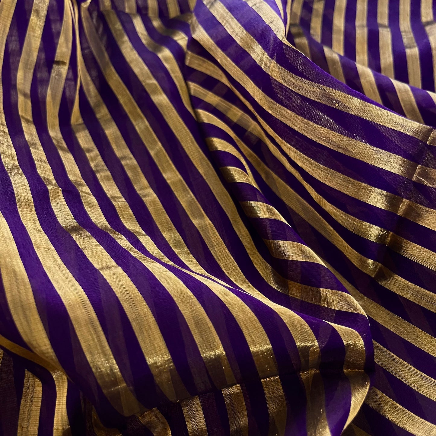 Dark purple and gold Maheshwari saree with zari stripes all over